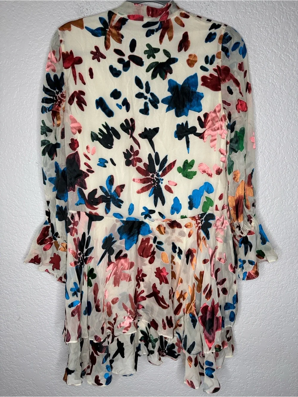 Alice + Olivia Moran Silk Blend Mini Dress Small Rainbow Floral Bell Sleeve
